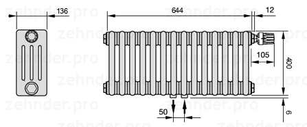 Схема (чертеж) Радиатор Zehnder Charleston 4040/14 №V008 Белый глянцевый RAL 9016